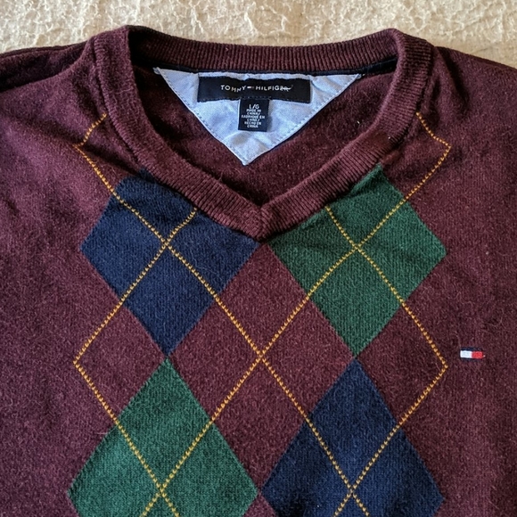 Tommy Hilfiger Sweater Argyle Maroon L - Picture 2 of 7